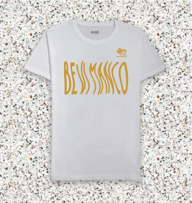 T-Shirt Bianca PREMIUM BEVI MANCO con scritta Gialla
